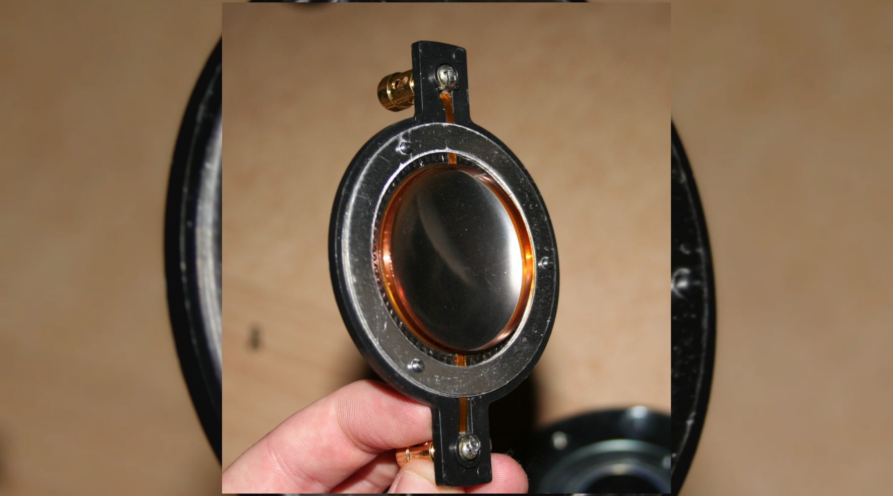 Close-up of a raw speaker driver voice coil and diaphragm